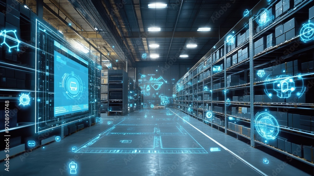 A modern warehouse with digital overlays, showcasing automation and ...