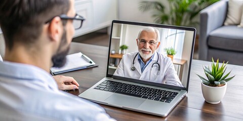 Online Doctor Consultation - Telemedicine. A patient engages in a virtual consultation with a doctor via video call on a laptop. 