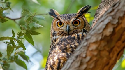 Wall Mural - Close-up Portrait of an Owl Perched on a Tree Branch