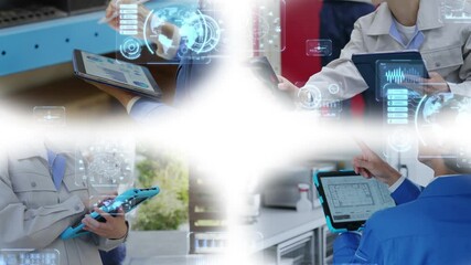 Leinwandbilder - 様々なシーンでタブレットPCを使う人々とデジタルテクノロジー　白バックからのブラートランジション