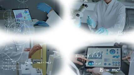 Poster - Collage of various experimental scenes and science and technology concept. Wipe transition from white background.