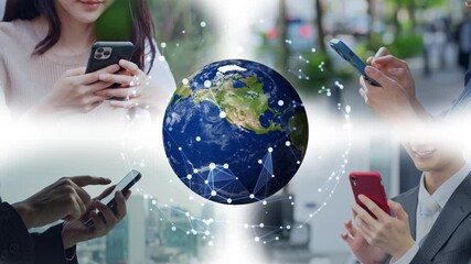 Aufkleber - スマホを使う人々とグローバルネットワーク　白バックからのブラートランジション