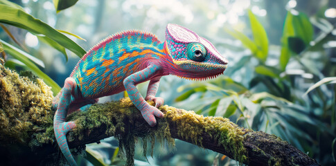 Close-up of a colorful chameleon on a branch with moss. Vibrant, natural, tropical, green rainforest / jungle background. Nature concept, color change and camouflage.