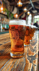 Wall Mural - Glasses of beer on a wooden table in a dimly lit pub with a blurred bokeh background.