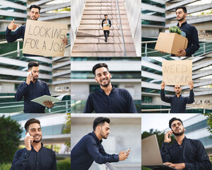 Poster - A young man is actively seeking employment in an urban environment. He holds a sign expressing his job search while also using a laptop and smartphone for communication.