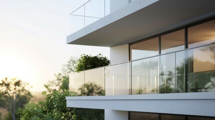 Poster - A balcony with a view of trees and a sunset