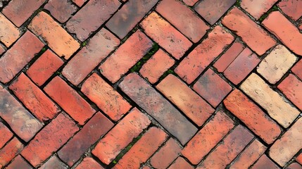 Red Brick Flooring Pattern. Top View of Red Bricks Paving Stones Footpath on a Sidewalk Outdoors as Brickwork Weaved Texture or Abstract Stone Paver Herringbone Template Background Copyspace