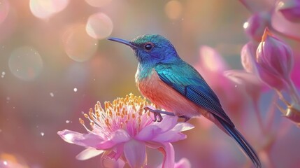 Wall Mural - Blue Bird on Pink Flower