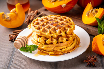 Autumn breakfast dessert, pumpkin waffle