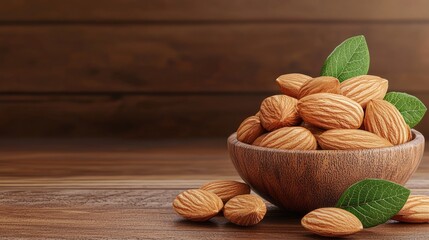 A rustic bowl filled with fresh almonds and green leaves on a wooden surface, perfect for healthy eating and culinary themes.