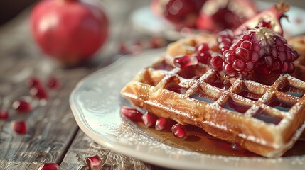 Sticker - A close up of a plate of food with waffles strawberries