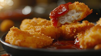 Sticker - A close up of chicken nuggets being dipped in bar