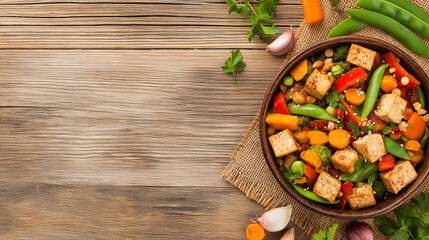 A hearty stir-fried tofu dish with vibrant vegetables, including bell peppers, carrots, and snow peas, served in an earthy, rustic bowl.