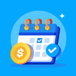 © vectorplus - Vector calendar with checkmark, dollar coin, and tick symbol, representing financial planning, scheduling, or payment deadlines. Bright colors business, finance, and productivity themes.
