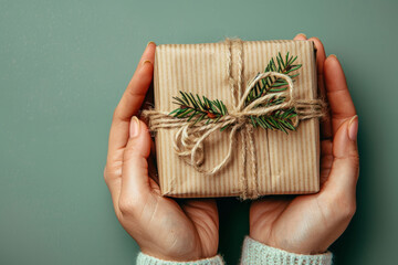 Wall Mural - Woman holding christmas gift decorated with fir branches on turquoise background