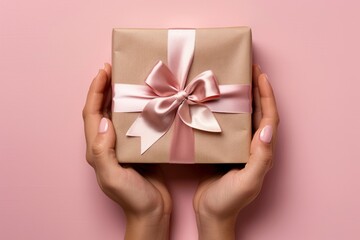 Wall Mural - Woman holding a present wrapped with a pink ribbon on a pink background