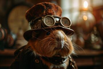 Poster - Humorous image of animal in miniature steampunk outfit generative ai