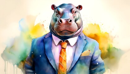 Wall Mural - Hippo in a Suit: A Wild Businessman - Watercolor illustration showcases a Hippopotamus in a corporate suit, blending the wild and the professional. Humorous image. 3