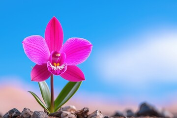 A vibrant pink flower blooms against a clear blue sky, showcasing nature's beauty and elegance in a serene environment.