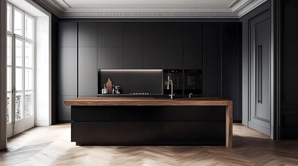 Canvas Print - Modern Kitchen Design with Black Cabinets and Wooden Countertop