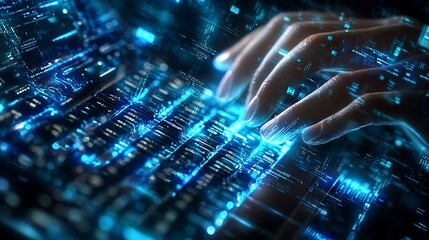 Poster - Fingers Typing on a Futuristic Keyboard with Glowing Blue Code