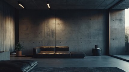 Wall Mural - Brutalist-inspired living area with concrete walls and leather seating