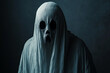 © Tetiana - Funny halloween character person or animal wearing white blanket pretending scary ghost, Generative AI