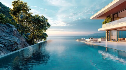 A modern architectural masterpiece featuring an infinity pool with a breathtaking ocean view, providing a tranquil and luxurious escape surrounded by nature’s beauty.