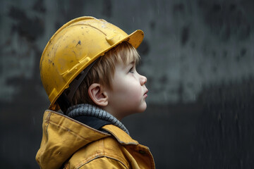 Wall Mural - AI generated image of little cute child builder wearing helmet and costume like an adult