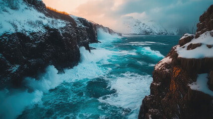 An aerial perspective reveals the dramatic beauty of a winter coastline, with icy shores, snow-covered cliffs, and deep blue waves crashing below a cold sky.