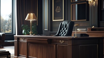 Wall Mural - Chic executive desk with a rich wood finish and elegant brass hardware