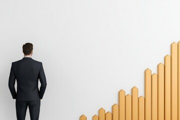 Businessman observing growth chart on wall, representing success, progress, and financial planning in corporate environment.