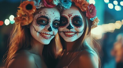 Two smiling girls with sugar skull makeup on street bokeh background. Dia de los muertos (Day of dead). Generative AI