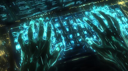 Poster - Glowing Hands Typing on a Futuristic Keyboard