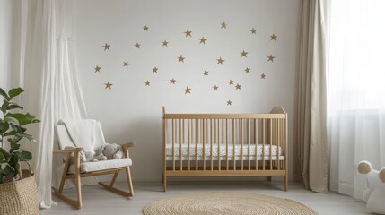 Interior of spacious nursery with wooden crib and empty chair by star wallpaper at contemporary white apartment