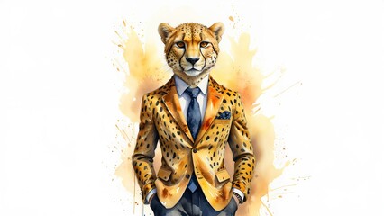 Wall Mural - Cheetah in a Suit: A Wild Businessman - Watercolor illustration showcases a Cheetah in a corporate suit, blending the wild and the professional. Humorous image. 2