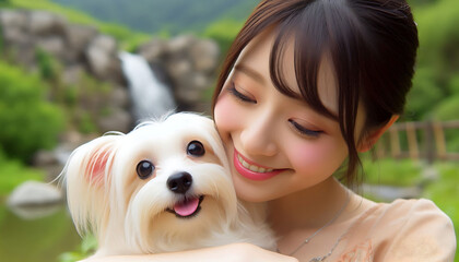 A portrait of a woman with a cute Maltese puppy