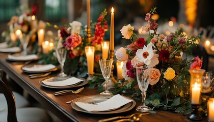 Luxurious Candlelit Wedding Table with Elegant Floral Arrangement and Vintage Accents