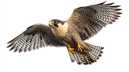 Flying Peregrine Falcon (Falco peregrinus) against a white background.