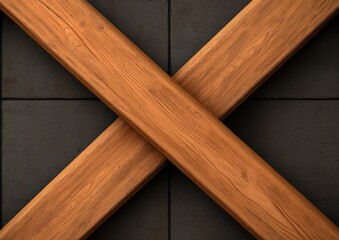 Close-up view of intersecting wooden beams against a dark background, showcasing natural grain and texture in a modern design.