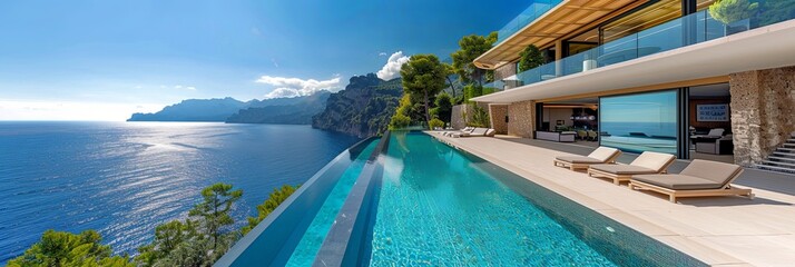 Wall Mural - A modern luxury villa featuring a stunning infinity pool overlooking a serene ocean with a backdrop of majestic cliffs and lush greenery. Perfect for serene getaways.