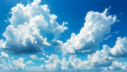 Tranquil summer sky adorned with fluffy white clouds against a vibrant blue backdrop, evoking a serene and peaceful atmosphere