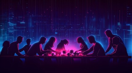 Wall Mural - Teamwork Puzzle Solution Digital Neon Background