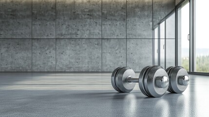 Sticker - A pair of dumbbells on a polished floor in a modern gym setting.