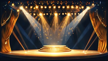 Wall Mural - Dazzling Gold Stage Under Dramatic Spotlight, Illuminated Night Entertainment Extravaganza with Bright Lights at the Theater