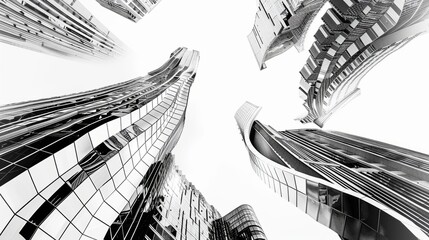 A black and white abstract illustration of tall, distorted skyscraper buildings viewed from below. Horizontal format illustration.
Concept: modern architecture, urban distortion, abstract city, geomet