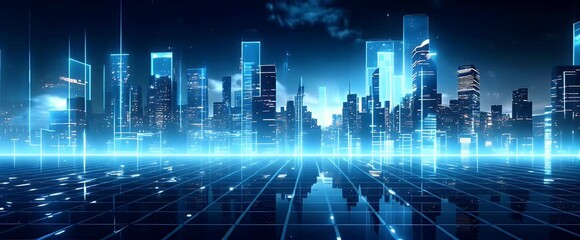 Fototapete - Animation of a modern futuristic smart city with abstract bright lights against a blue background. Showcases cityscape urban architecture, emphasizing a futuristic technology city concept.