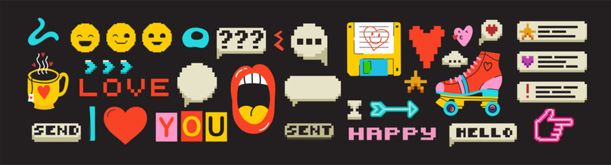 Fototapete - Retro set of icons of 90s. Pop art sticker Y2K collection for 1990 born baby. Vintage isolated element.