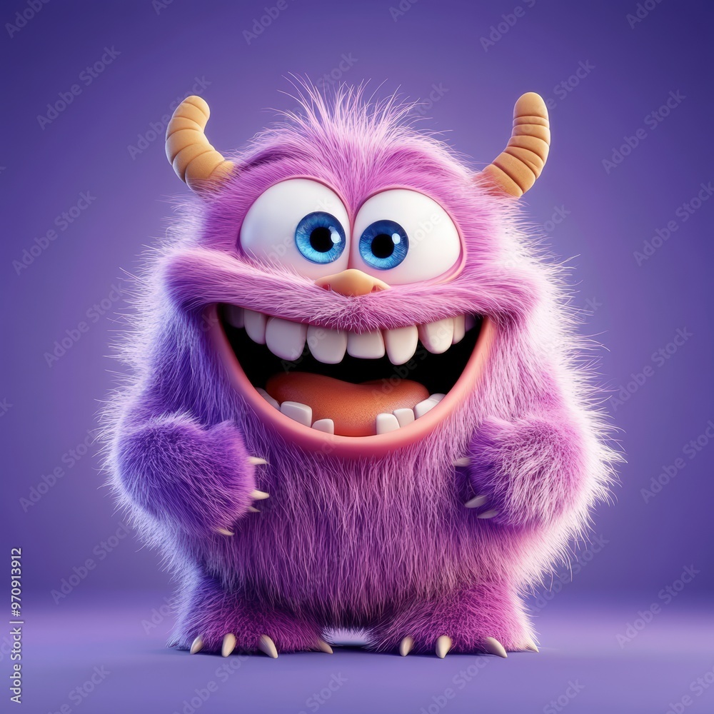 Cute and furry purple monster with good character, Big eyes and smile ...