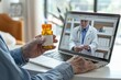 © Aksana - Older man having an online consultation with a senior doctor, holding a prescription bottle while following instructions through a laptop.Concept: online healthcare, telemedicine, elderly patient car